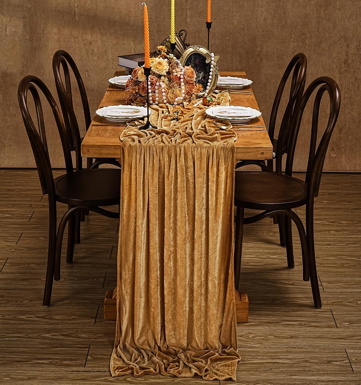 20" x 120"  GOLD  - Luxurious Stretch Velvet Table Runner, 10ft Wedding Reception Decorations Soft Velvet Fabric, Table Linen & Wedding Runners