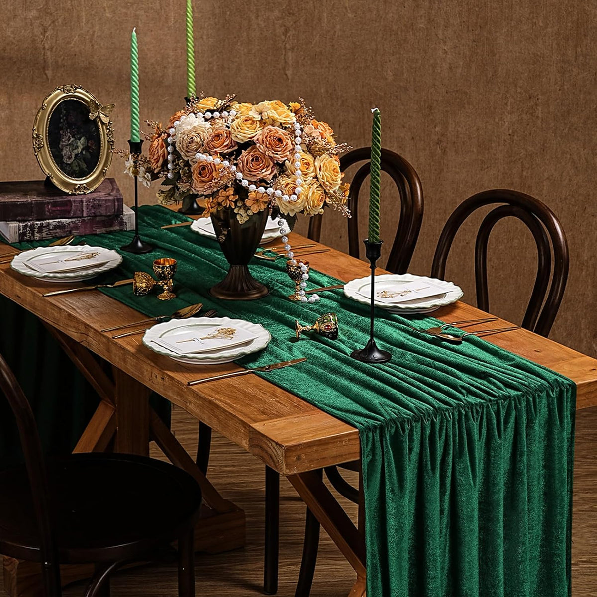 20" x 120"  HUNTER  - Luxurious Stretch Velvet Table Runner, 10ft Wedding Reception Decorations Soft Velvet Fabric, Table Linen & Wedding Runners