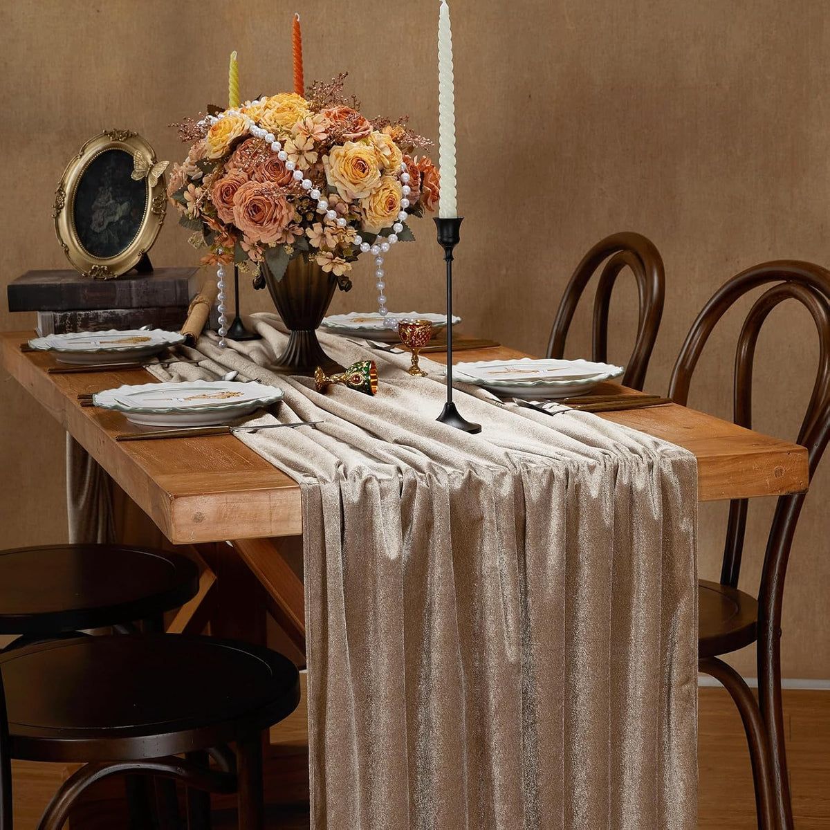 20" x 120"  CHAMPAGNE - Luxurious Stretch Velvet Table Runner, 10ft Wedding Reception Decorations Soft Velvet Fabric, Table Linen & Wedding Runners