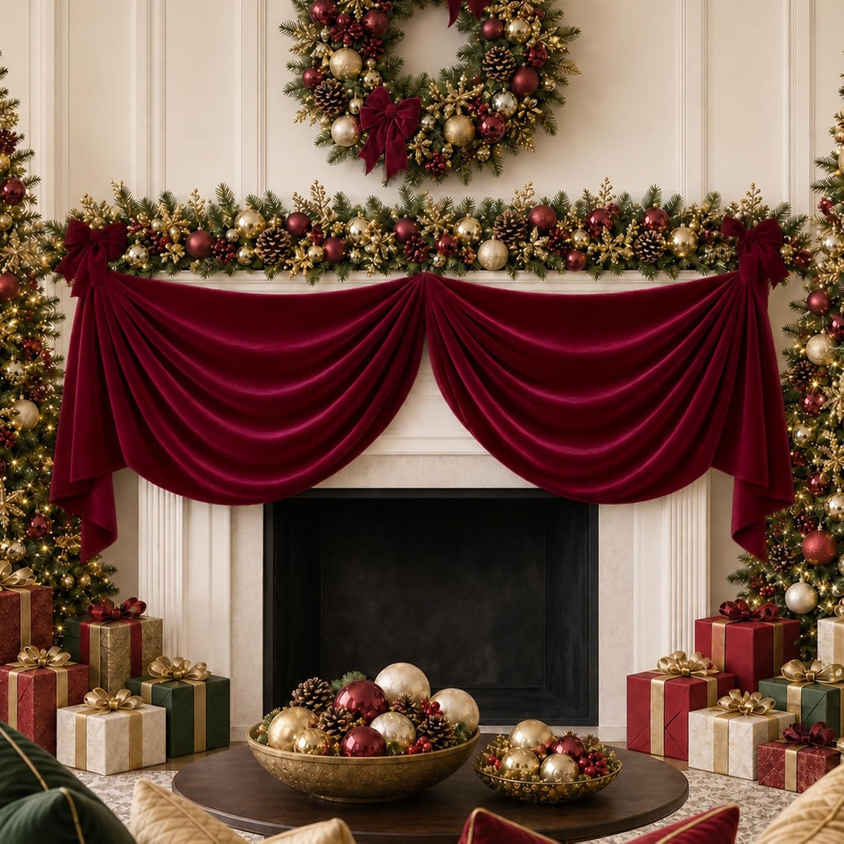 BURGUNDY - 2 Panels 28" x 10 Ft Luxury Velvet Christmas Decor Fireplace Mantel Drape Fabric for Ceremony Velvet Drapery Holiday Arch