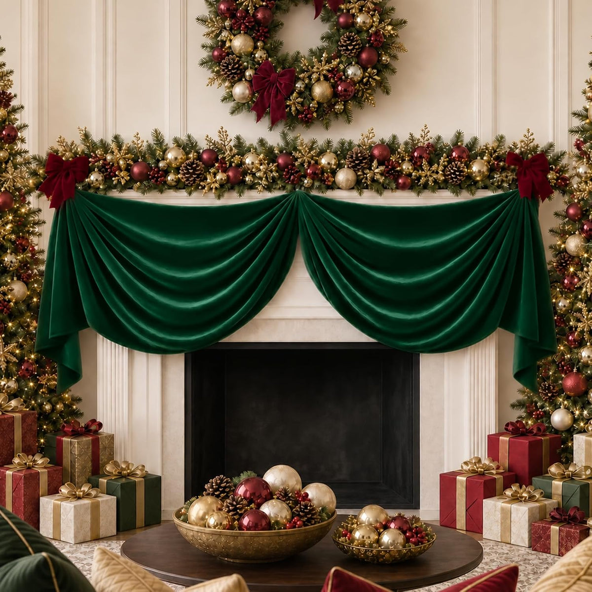 HUNTER - 2 Panels 28" x 10 Ft Luxury Velvet Christmas Decor Fireplace Mantel Drape Fabric for Ceremony Velvet Drapery Holiday Arch