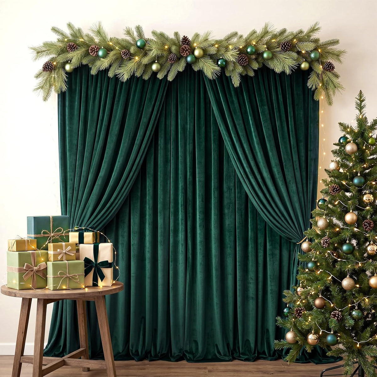 10Ft x 10Ft - Hunter - Luxury Velvet Wrinkle Free Backdrop Curtains for Parties - 2 Panels 5x10ft for Weddings Birthday Party Curtains