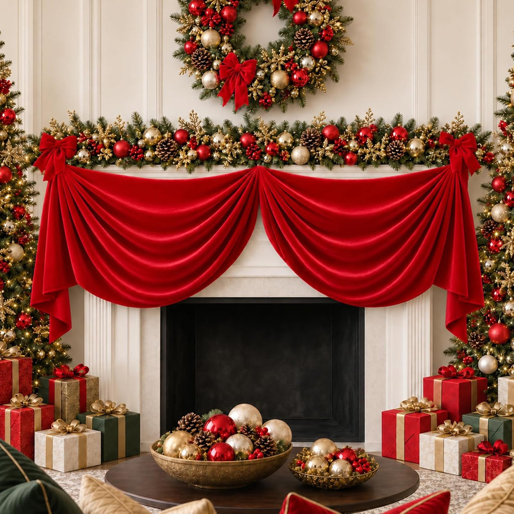 RED - 2 Panels 28" x 10 Ft Luxury Velvet Christmas Decor Fireplace Mantel Drape Fabric for Ceremony Velvet Drapery Holiday Arch