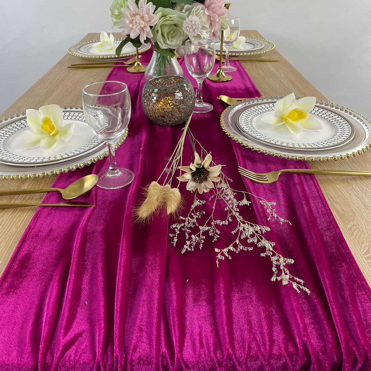 20" x 120"  FUCHSIA - Luxurious Stretch Velvet Table Runner, 10ft Wedding Reception Decorations Soft Velvet Fabric, Table Linen & Wedding Runners