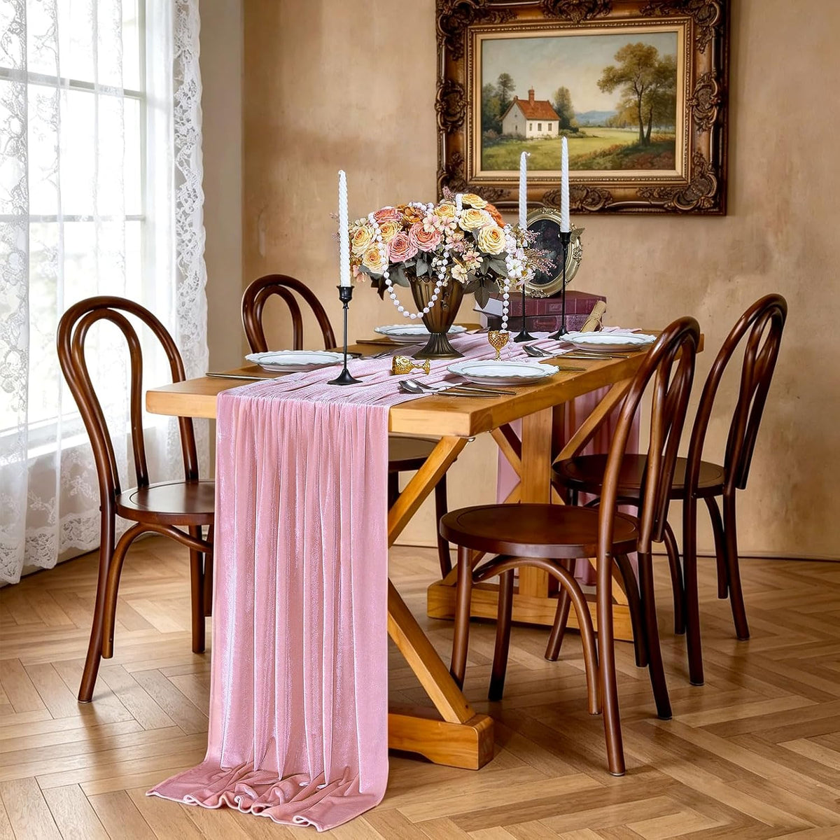 20" x 120"  LT PINK - Luxurious Stretch Velvet Table Runner, 10ft Wedding Reception Decorations Soft Velvet Fabric, Table Linen & Wedding Runners