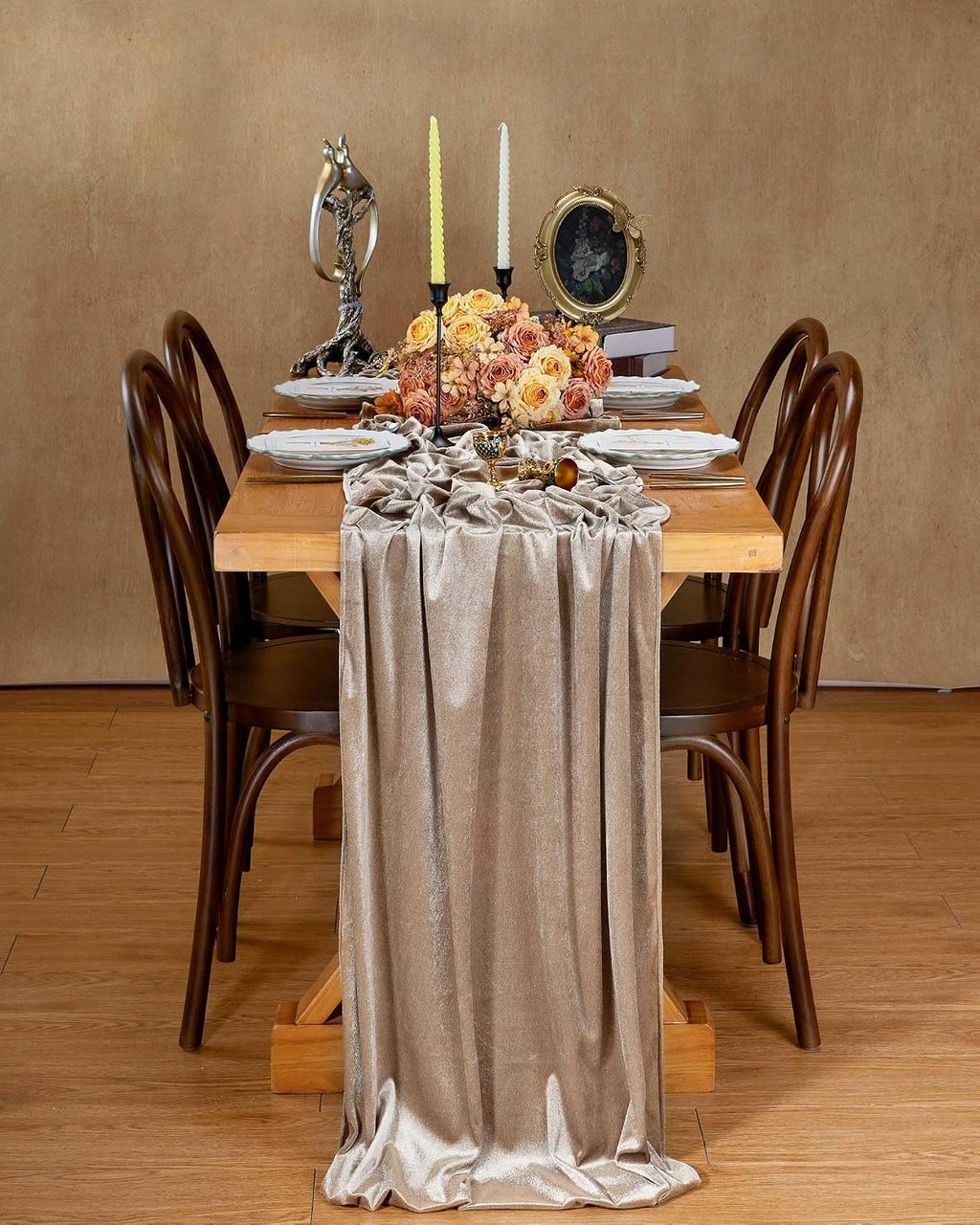 20" x 120"  CHAMPAGNE - Luxurious Stretch Velvet Table Runner, 10ft Wedding Reception Decorations Soft Velvet Fabric, Table Linen & Wedding Runners