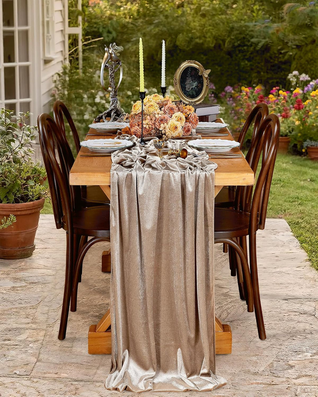 20" x 120"  CHAMPAGNE - Luxurious Stretch Velvet Table Runner, 10ft Wedding Reception Decorations Soft Velvet Fabric, Table Linen & Wedding Runners