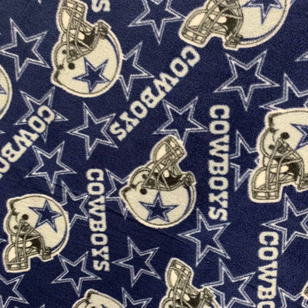 Dallas Cowboys Fleece Fabric by the Yard – (Helmet Toss, Star Print, Checkerboard, Allover Script, Plaid) – NFL Football
