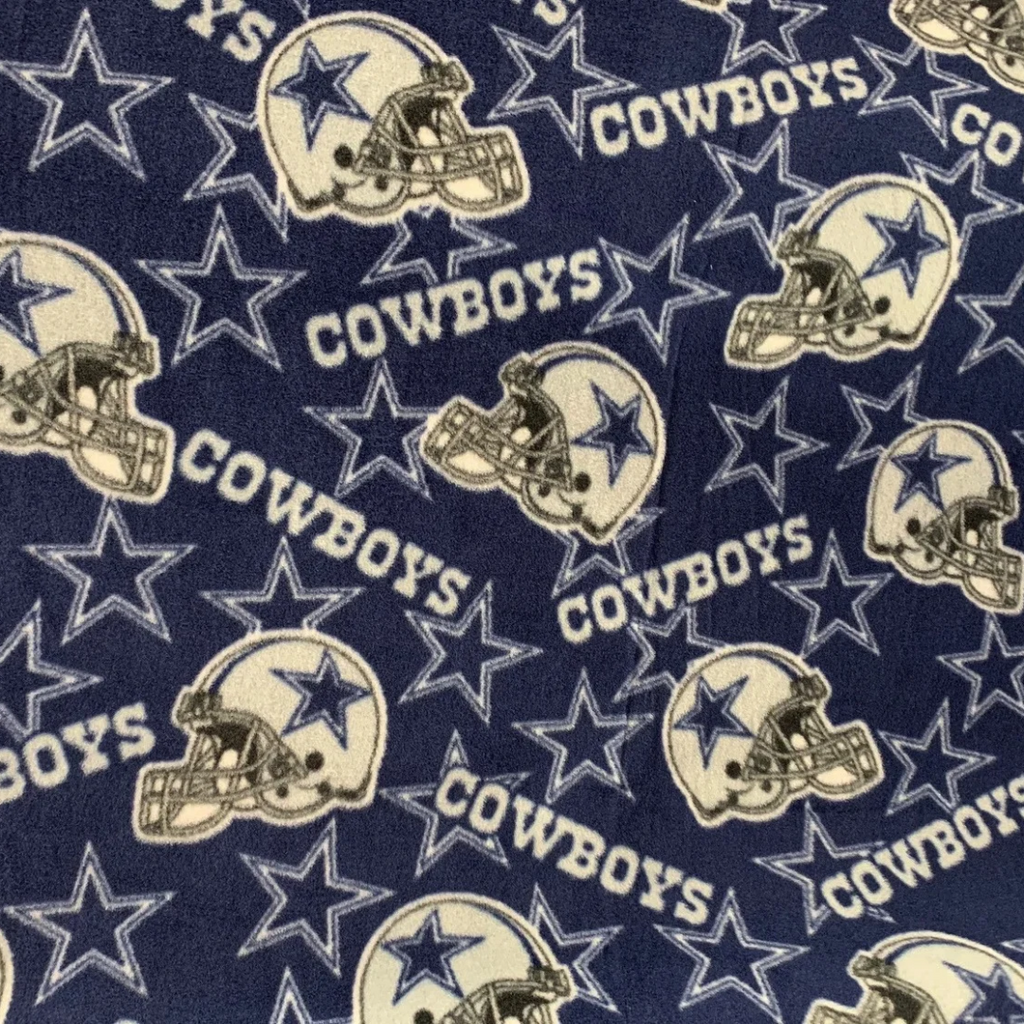 Dallas Cowboys Fleece Fabric by the Yard – (Helmet Toss, Star Print, Checkerboard, Allover Script, Plaid) – NFL Football