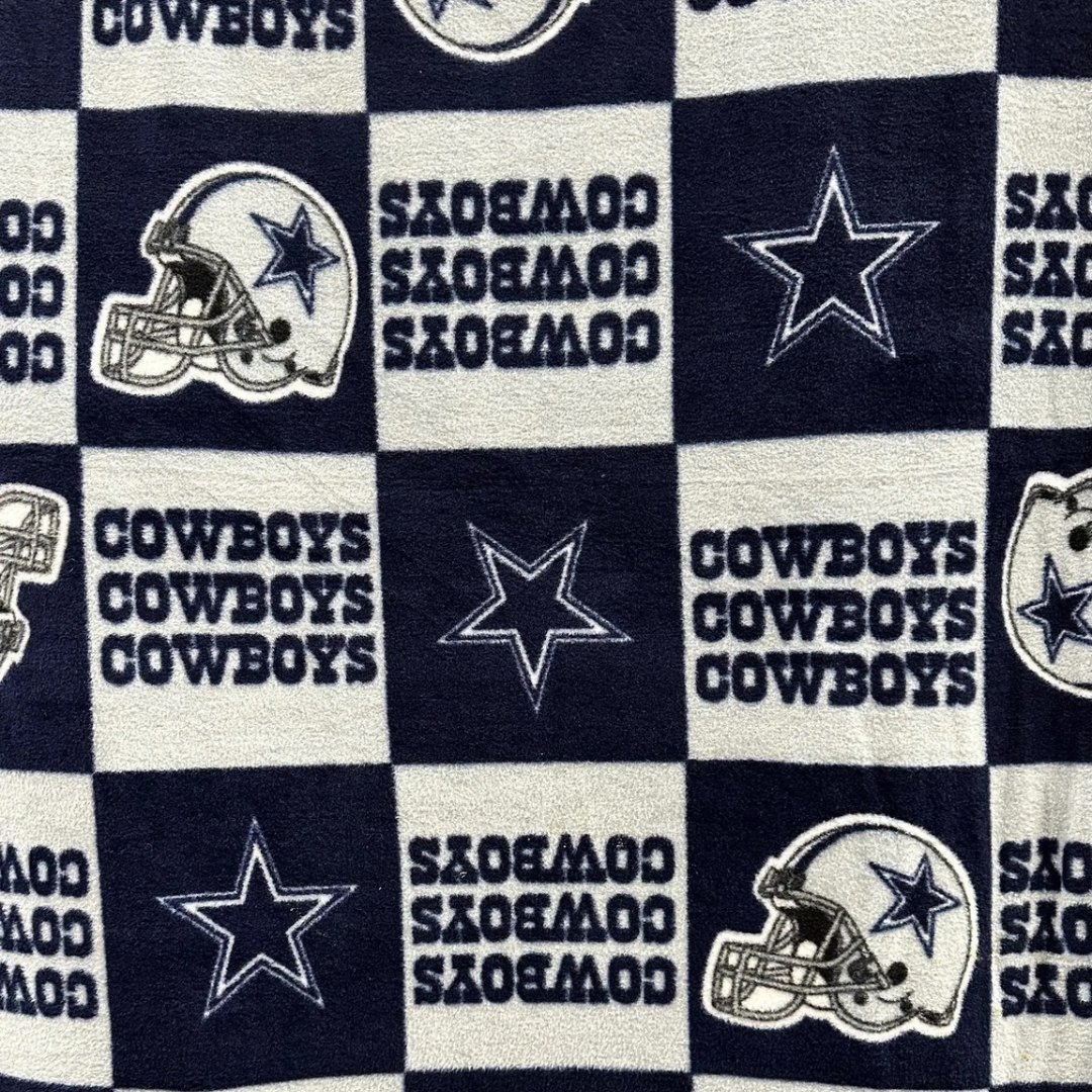 Dallas Cowboys Fleece Fabric by the Yard – (Helmet Toss, Star Print, Checkerboard, Allover Script, Plaid) – NFL Football