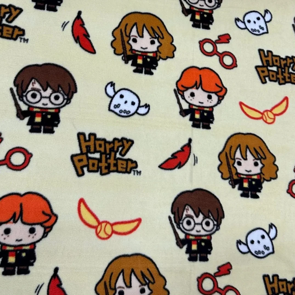 Harry Potter Chibi Characters Fleece Fabric by the Yard – Cute Harry, Ron & Hermione Print on Cream, Kids Blanket and Craft Fabric