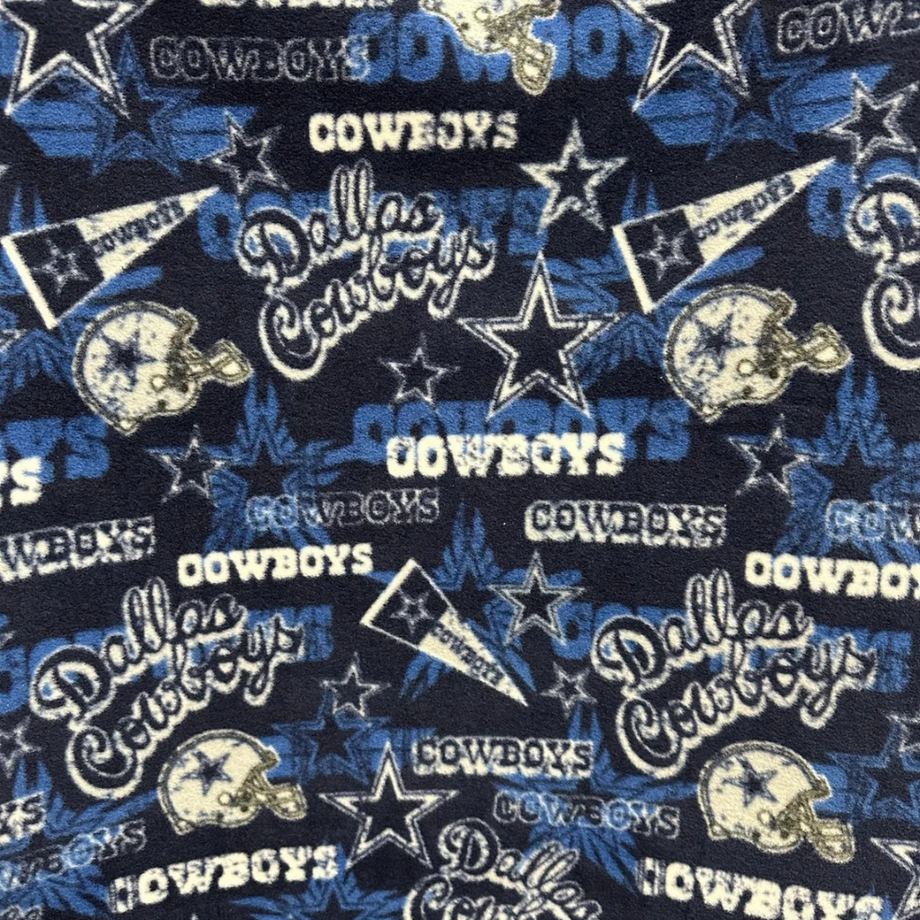 Dallas Cowboys Fleece Fabric by the Yard – (Helmet Toss, Star Print, Checkerboard, Allover Script, Plaid) – NFL Football