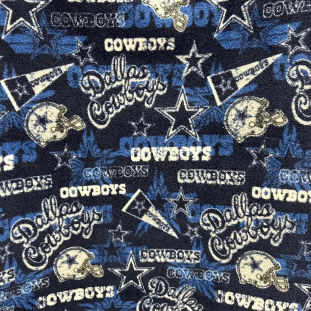 Dallas Cowboys Fleece Fabric by the Yard – (Helmet Toss, Star Print, Checkerboard, Allover Script, Plaid) – NFL Football