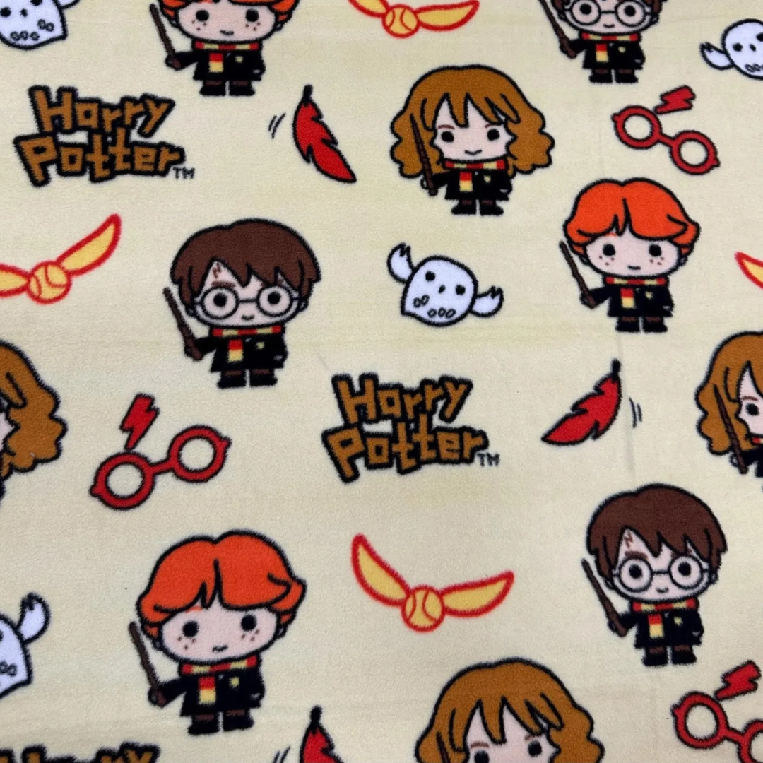 Harry Potter Chibi Characters Fleece Fabric by the Yard – Cute Harry, Ron & Hermione Print on Cream, Kids Blanket and Craft Fabric