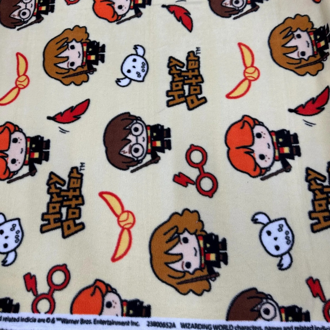 Harry Potter Chibi Characters Fleece Fabric by the Yard – Cute Harry, Ron & Hermione Print on Cream, Kids Blanket and Craft Fabric