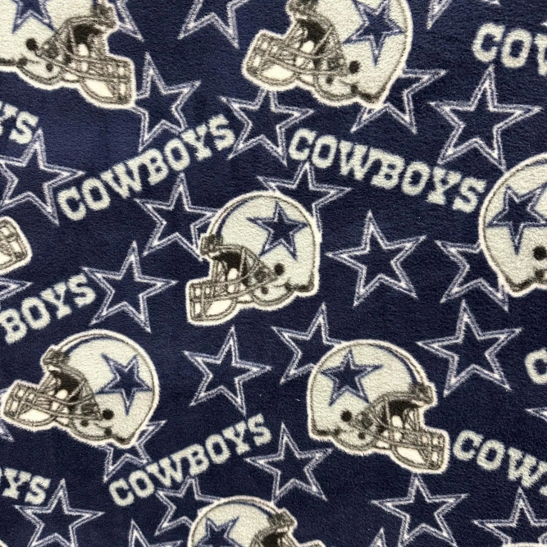 Dallas Cowboys Fleece Fabric by the Yard – (Helmet Toss, Star Print, Checkerboard, Allover Script, Plaid) – NFL Football