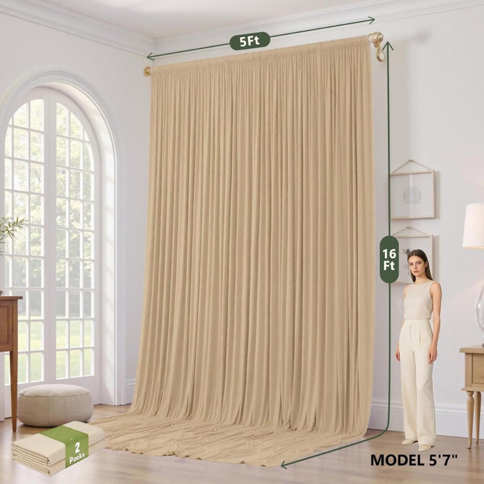 2 Panels -CHAMPAGNE - 5Ft x 16Ft Wrinkle Free Backdrop Curtains for Parties - Silky Interlock Backdrop for Weddings Birthday Party Curtains