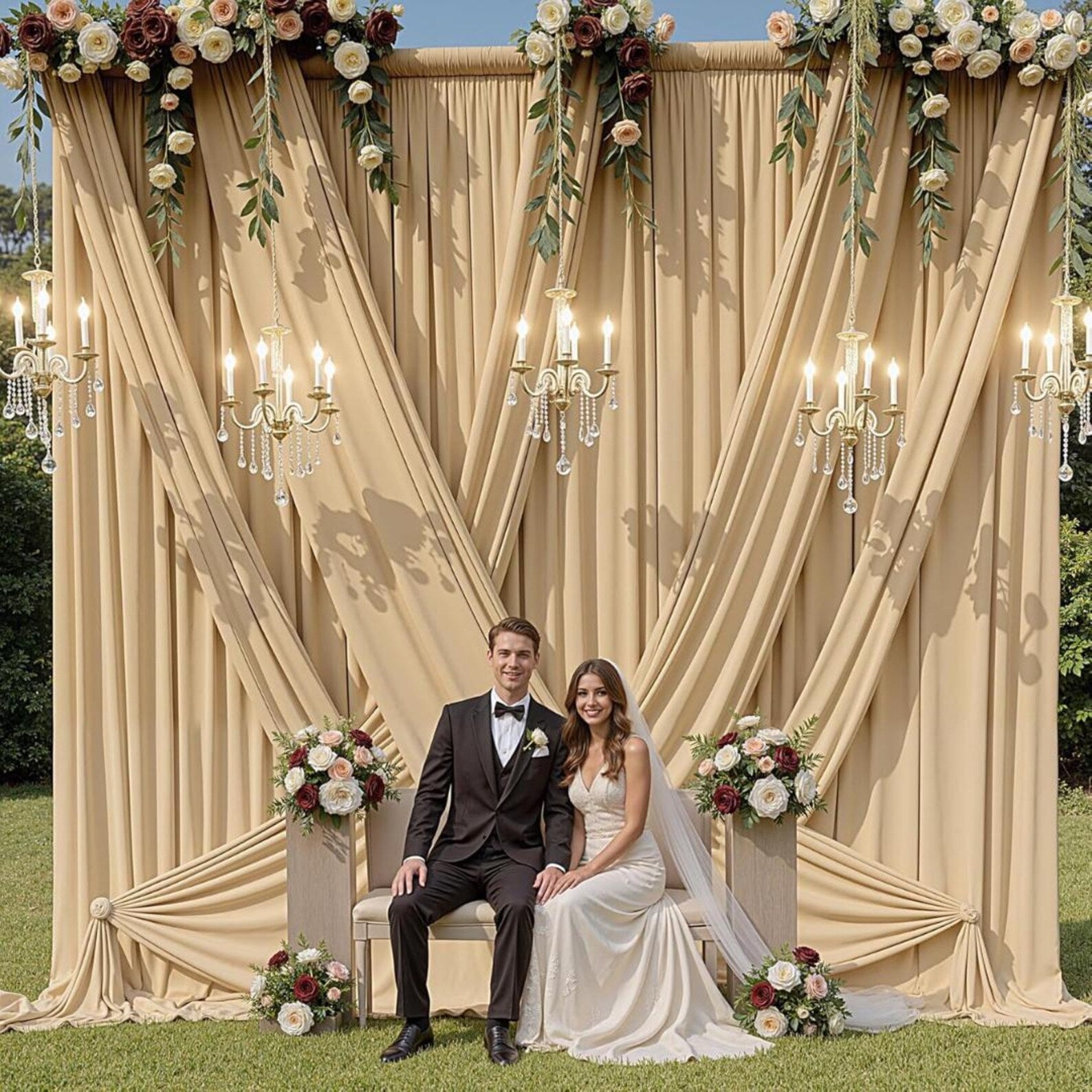 2 Panels -CHAMPAGNE - 5Ft x 16Ft Wrinkle Free Backdrop Curtains for Parties - Silky Interlock Backdrop for Weddings Birthday Party Curtains
