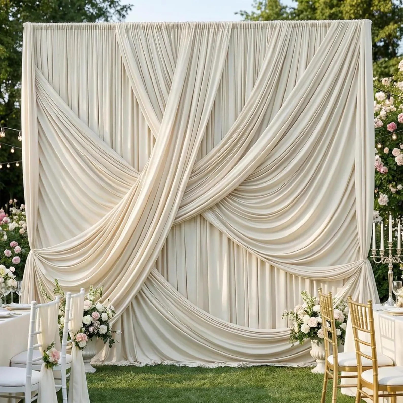 10Ft x 12Ft - CREAM- Wrinkle Free Backdrop Curtains for Parties 2 Panels 5x12ft Interlock Backdrop for Weddings Birthday Party Curtains