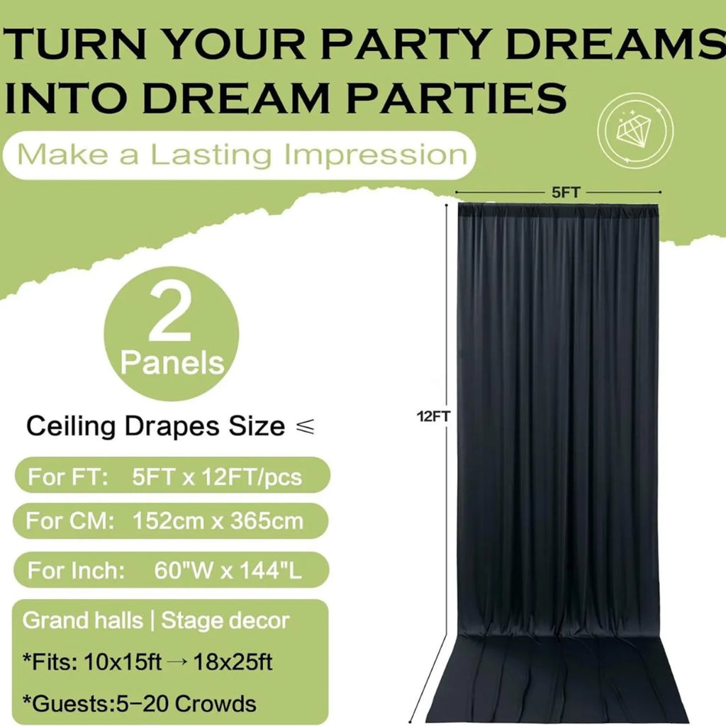 10Ft x 12Ft - BLACK - Wrinkle Free Backdrop Curtains for Parties 2 Panels 5x12ft Interlock Backdrop for Weddings Birthday Party Curtains