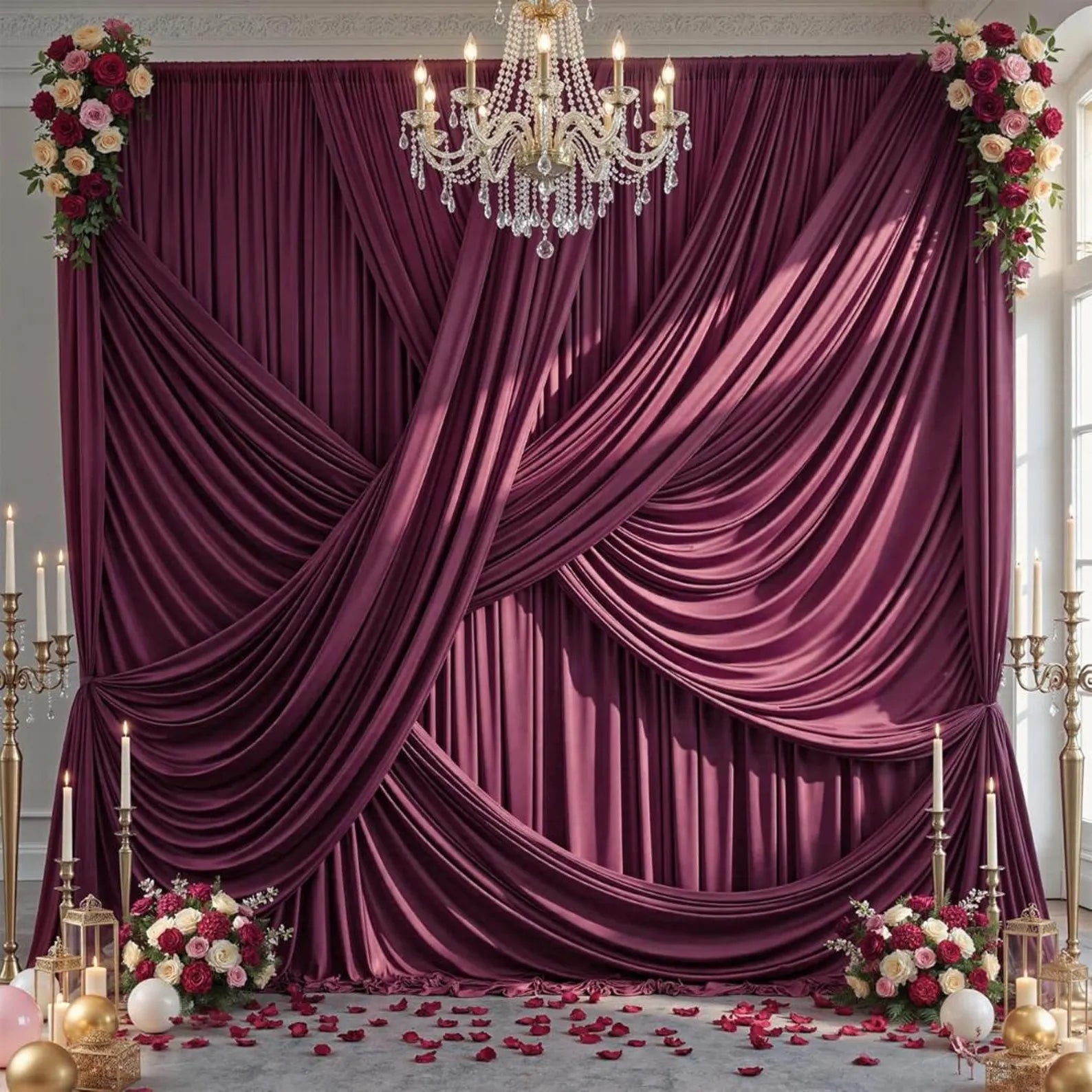 10Ft x 12Ft - BURGUNDY - Wrinkle Free Backdrop Curtains for Parties 2 Panels 5x12ft Interlock Backdrop for Weddings Birthday Party Curtains