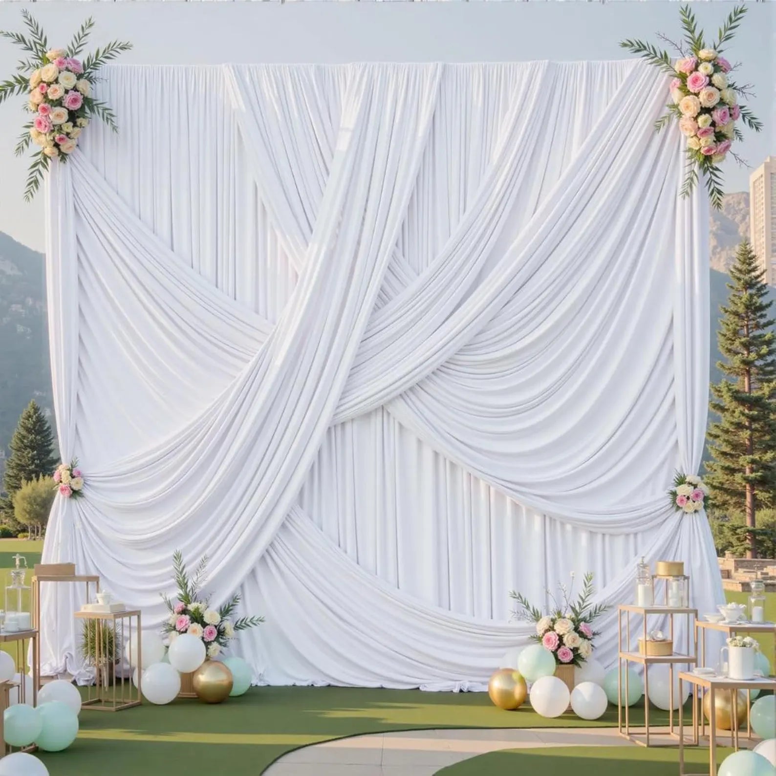 10Ft x 12Ft - WHITE - Wrinkle Free Backdrop Curtains for Parties 2 Panels 5x12ft Interlock Backdrop for Weddings Birthday Party Curtains