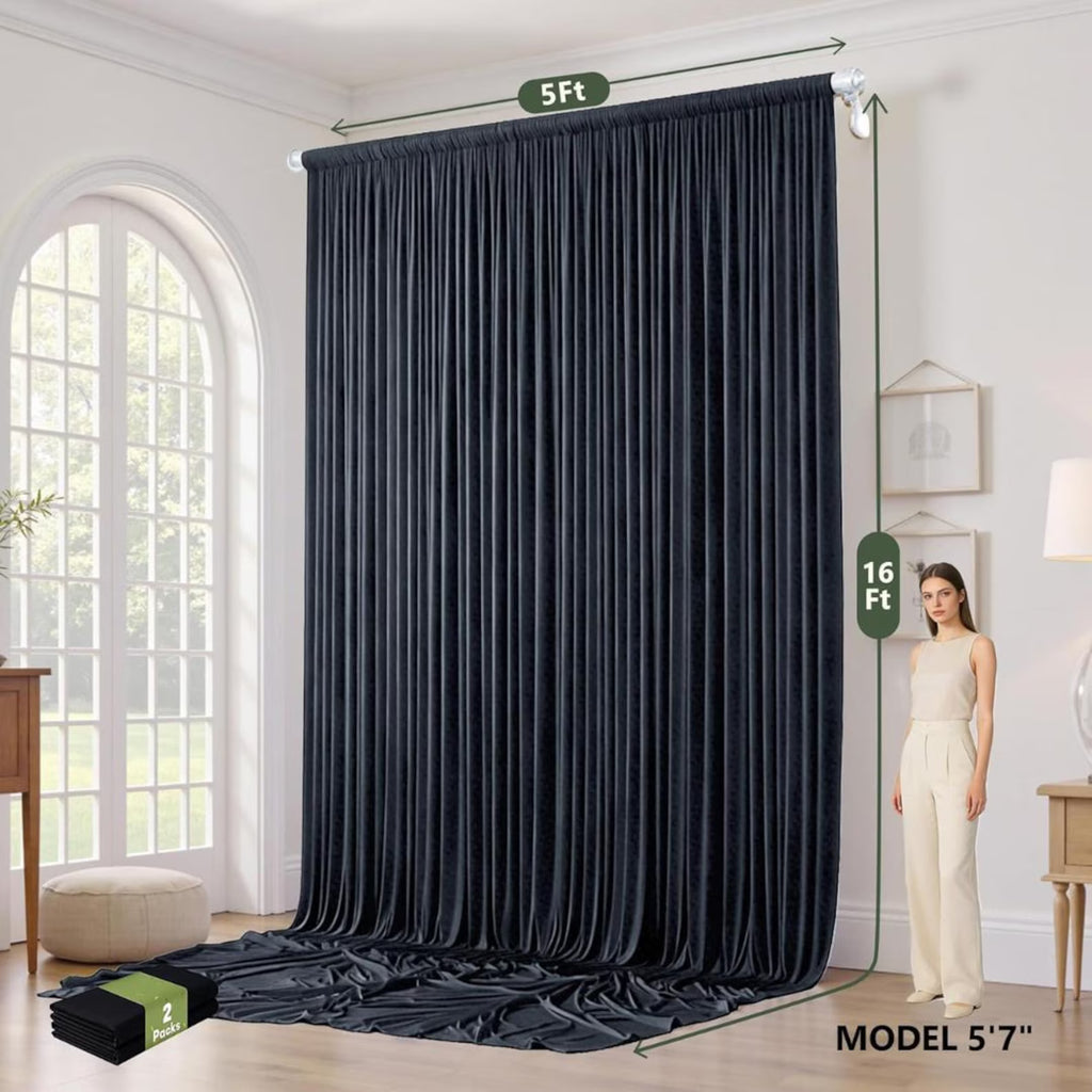 2 Panels - BLACK - 5Ft x 16Ft Wrinkle Free Backdrop Curtains for Parties - Silky Interlock Backdrop for Weddings Birthday Party Curtains