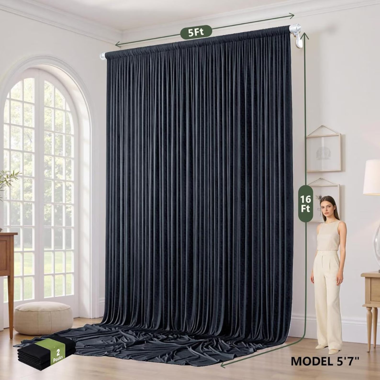 2 Panels - BLACK - 5Ft x 16Ft Wrinkle Free Backdrop Curtains for Parties - Silky Interlock Backdrop for Weddings Birthday Party Curtains