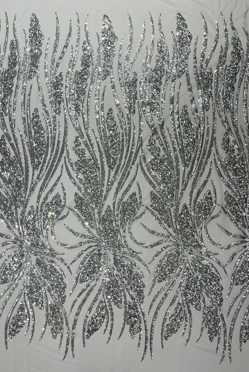 FEATHER - Shiny Sequin Design 4 Way Stretch Mesh Fabric-Prom-Sold By The Yard. Choose Color Below