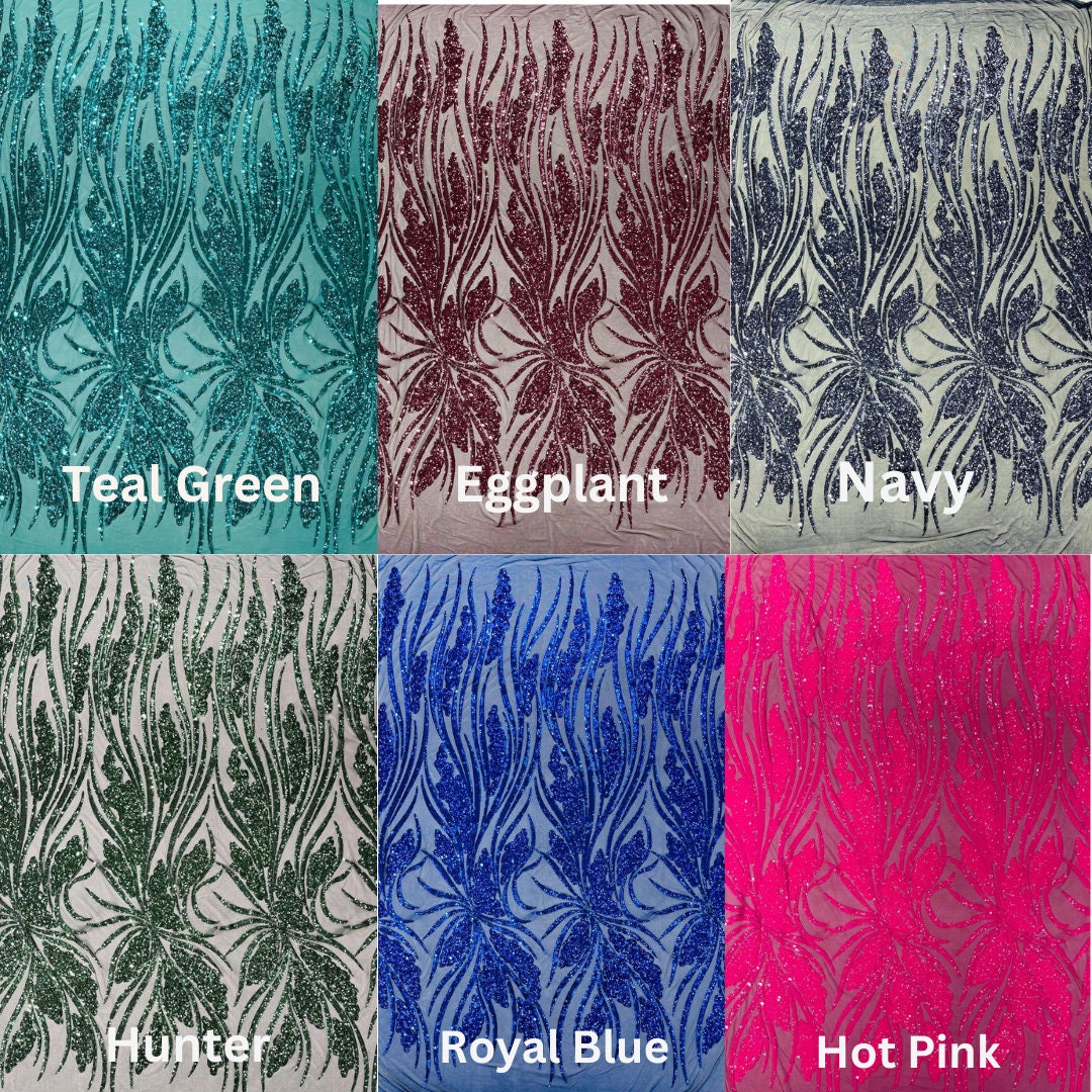 FEATHER - Shiny Sequin Design 4 Way Stretch Mesh Fabric-Prom-Sold By The Yard. Choose Color Below