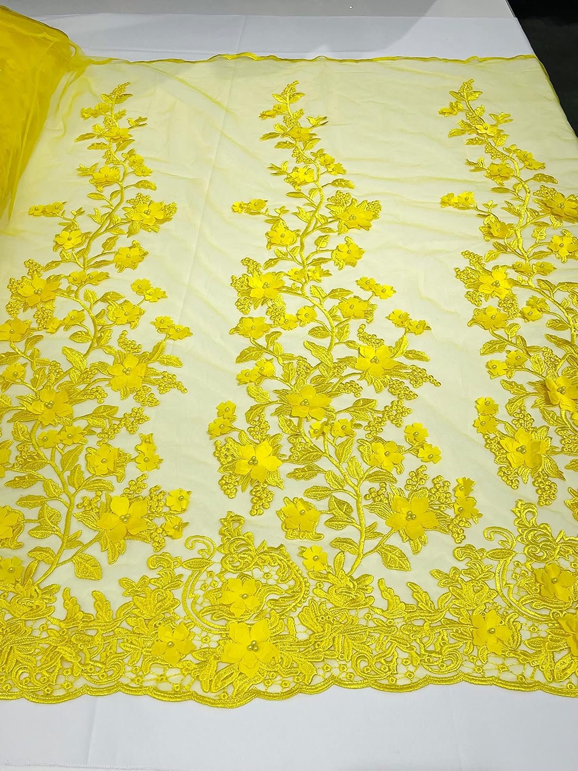 3D FLORAL - Design Embroider With Pearls Mesh Lace Fabric. Sold By The Yard.