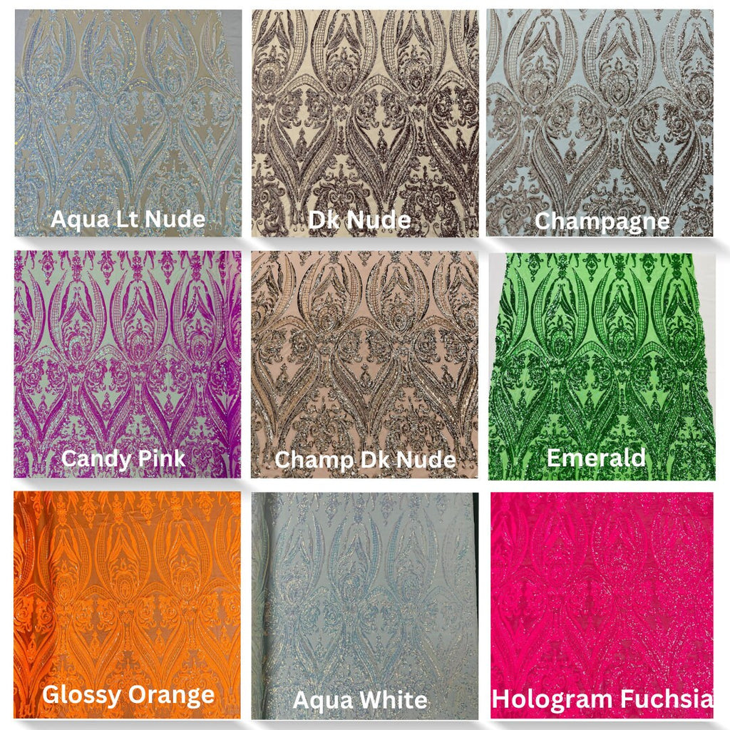 DAMASK - Shiny Sequin Design 4 Way Stretch Mesh Fabric. Sold By The Yard. Choose Color Below