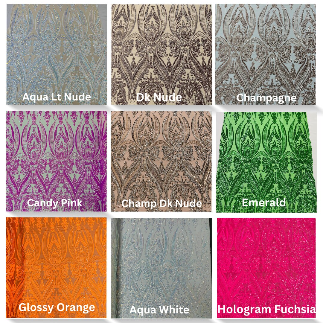 DAMASK - Shiny Sequin Design 4 Way Stretch Mesh Fabric. Sold By The Yard. Choose Color Below