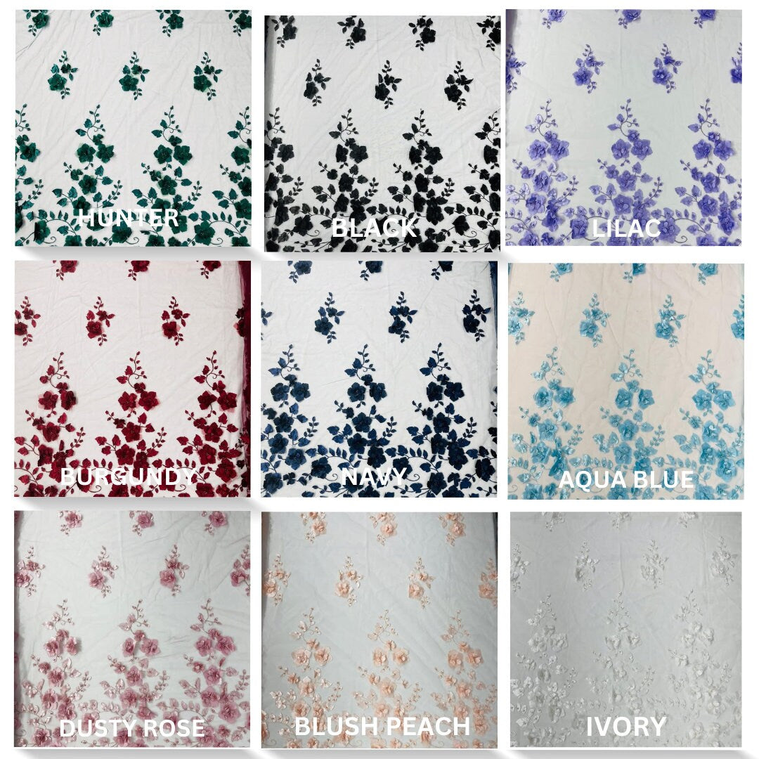3D FLORAL - Design Embroider With Pearls Mesh Lace Fabric. Sold By The Yard. 8 Colors Available