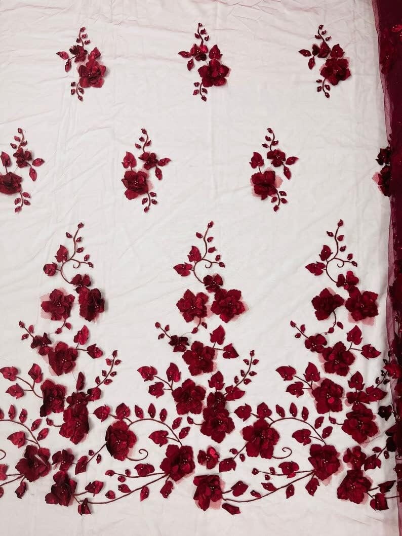 3D FLORAL - Design Embroider With Pearls Mesh Lace Fabric. Sold By The Yard. 8 Colors Available