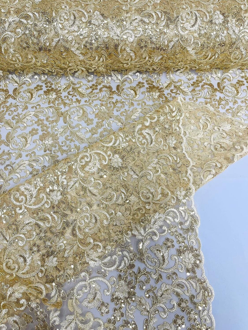 METALLIC - Corded Embroider Flowers with Sequins On A Mesh Lace Prom Fabric. Sold By The Yard. Choose Color Below