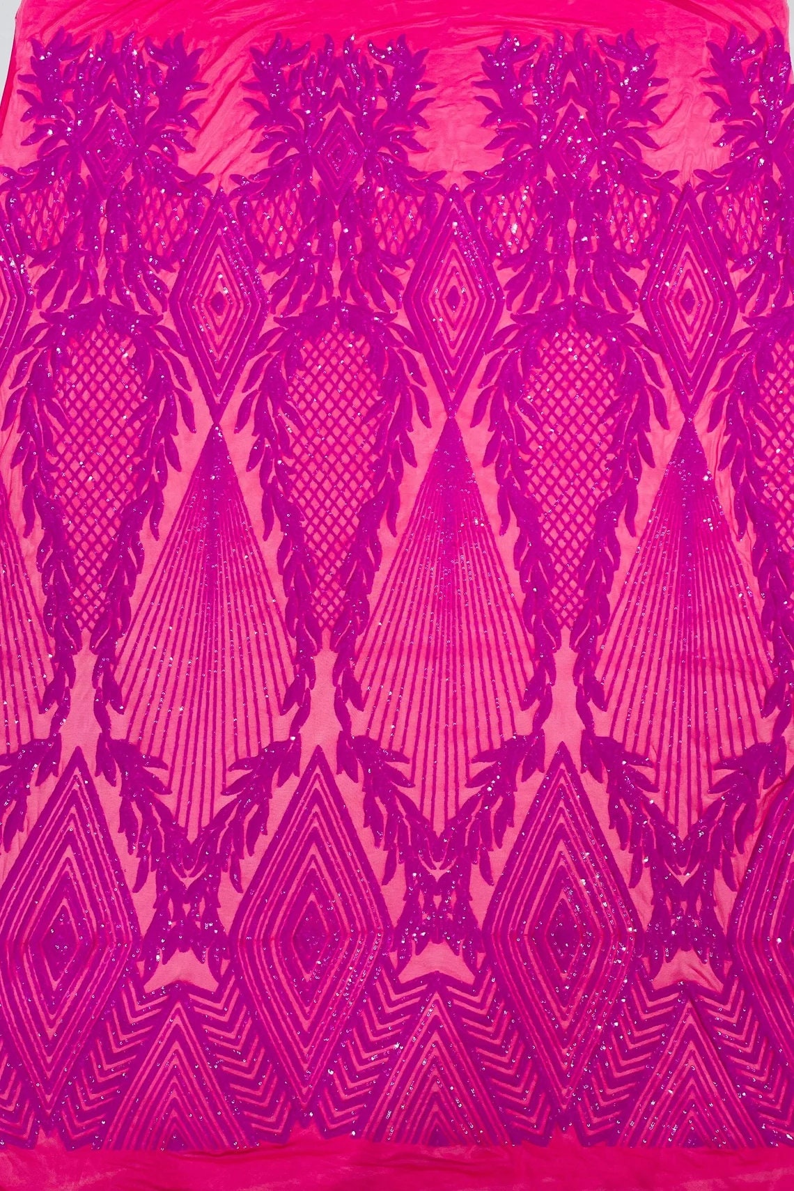 DIAMOND FASHION - Shiny Sequin Design 4 Way Stretch Mesh Fabric. Sold By The Yard. Choose Color Below