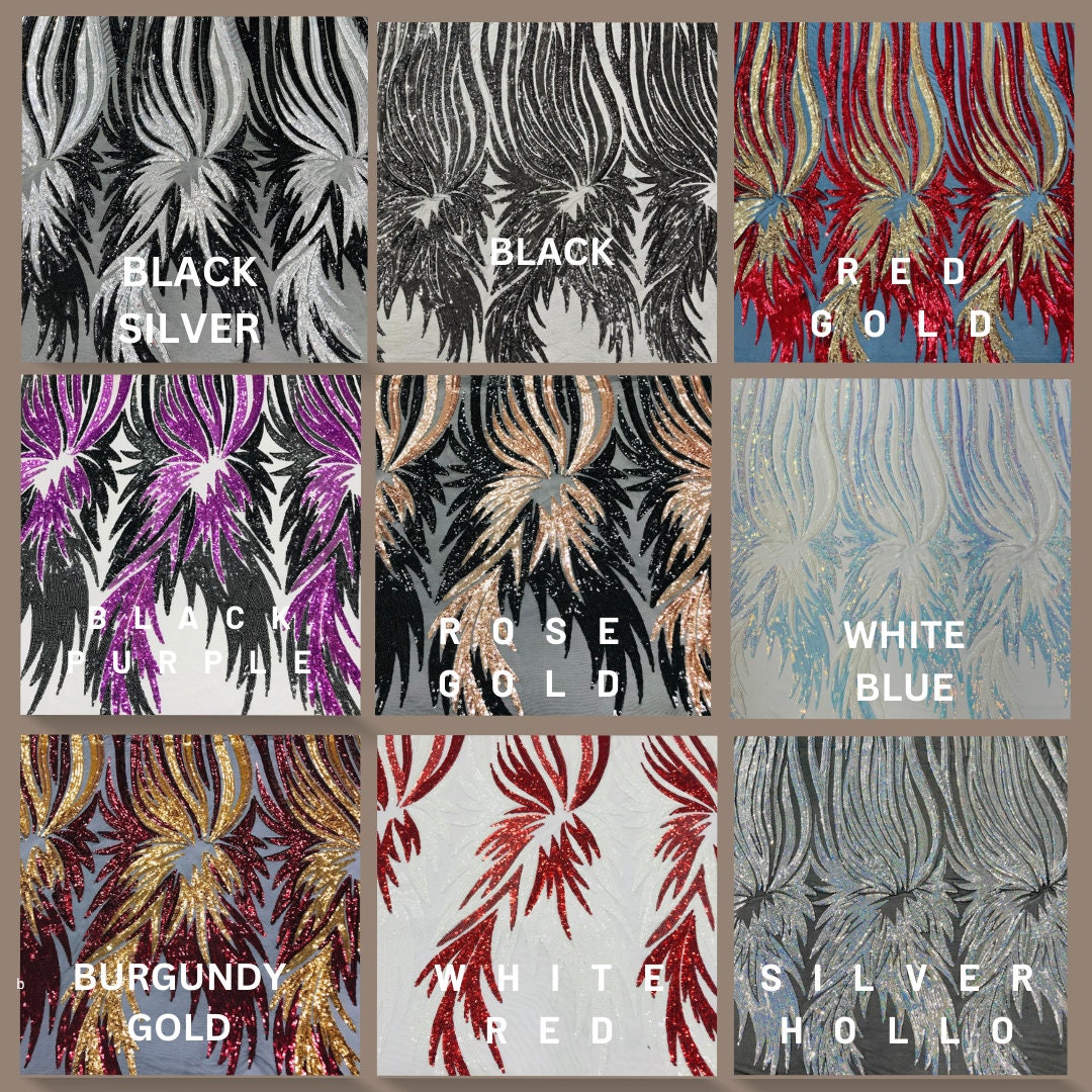 PEACOCK FEATHER FASHION - Shiny Sequin Design 4 Way Stretch Mesh Fabric. Sold By The Yard. Choose Color Below