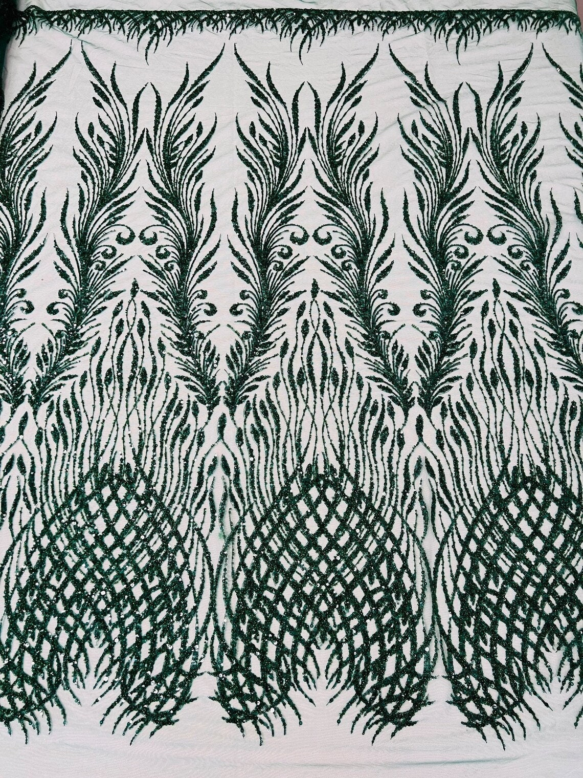 ANGEL WING FEATHERS - 3D Beaded Design with Embroidered Sequins and Beads On a Mesh Lace Fabric for Prom Dress By The Yard