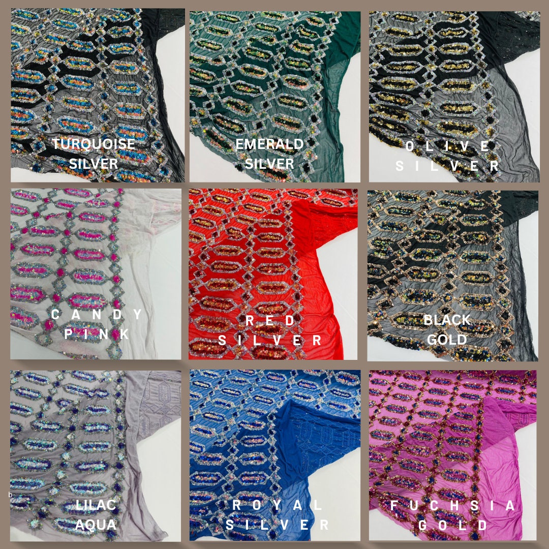 JEWEL - Multicolor Sequin Design 4 Way Stretch Mesh Fabric. Sold By The Yard. Choose Color Below