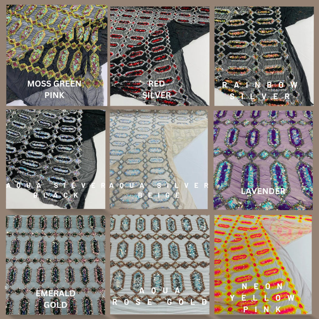 JEWEL - Multicolor Sequin Design 4 Way Stretch Mesh Fabric. Sold By The Yard. Choose Color Below