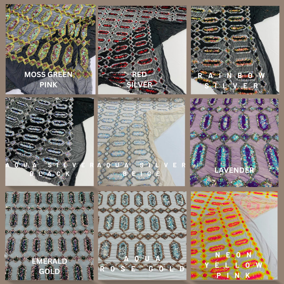 JEWEL - Multicolor Sequin Design 4 Way Stretch Mesh Fabric. Sold By The Yard. Choose Color Below