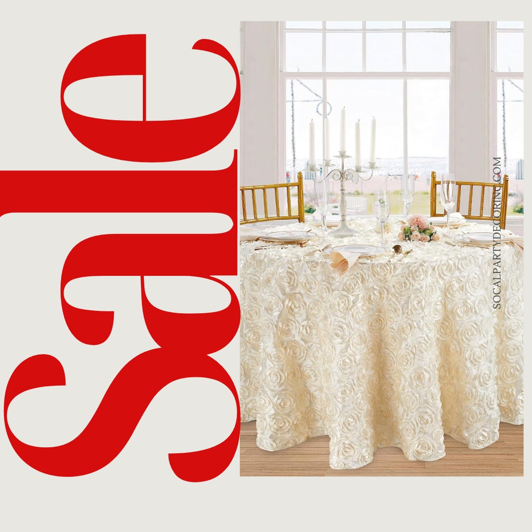IVORY - Round Tablecloth Table Cloth Satin Rosette Tablecloth - 3D Floral Table Cloth for Wedding Baby Shower Birthday Tea Party Dessert