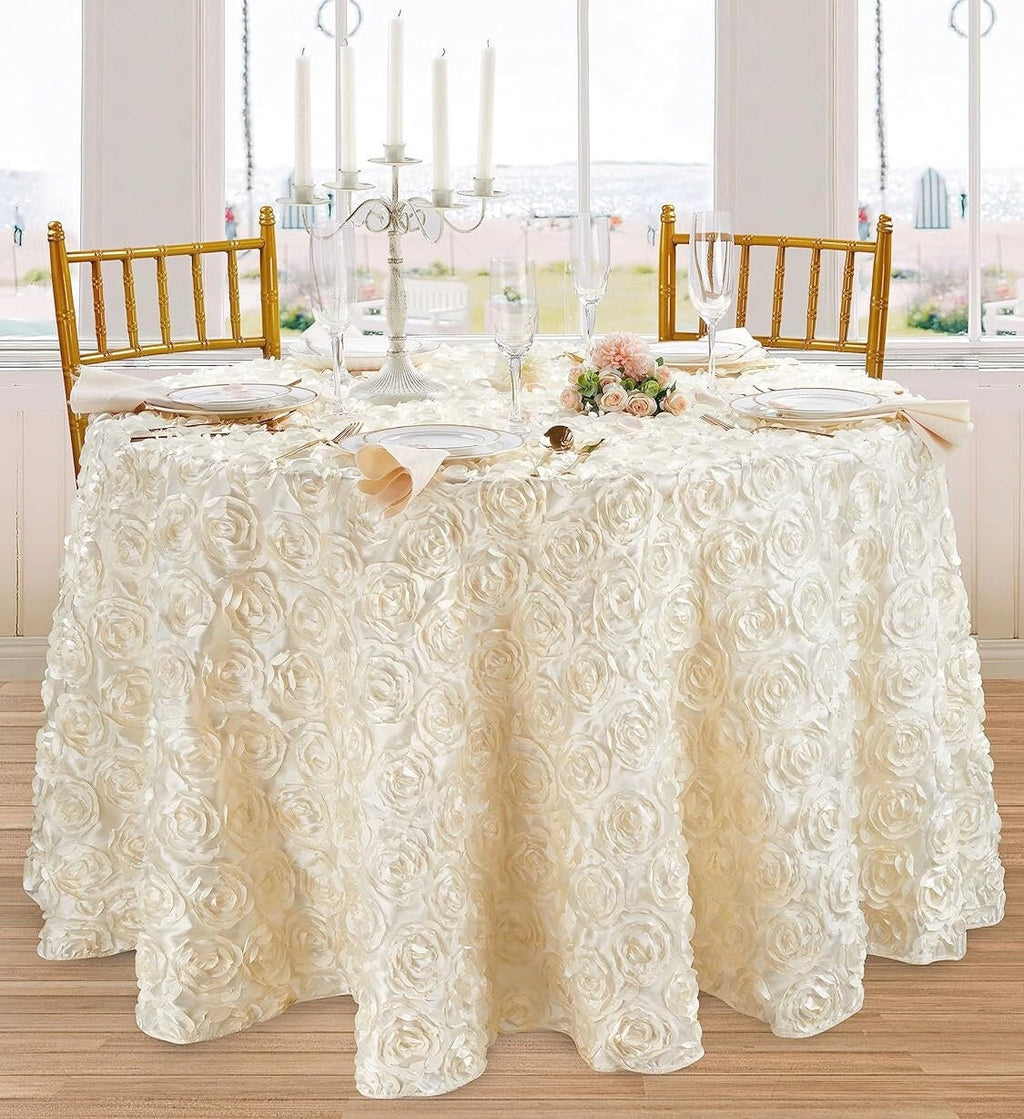 IVORY - Round Tablecloth Table Cloth Satin Rosette Tablecloth - 3D Floral Table Cloth for Wedding Baby Shower Birthday Tea Party Dessert