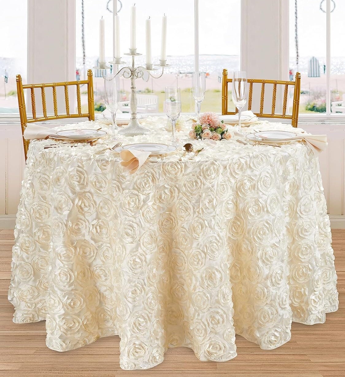 IVORY - Round Tablecloth Table Cloth Satin Rosette Tablecloth - 3D Floral Table Cloth for Wedding Baby Shower Birthday Tea Party Dessert