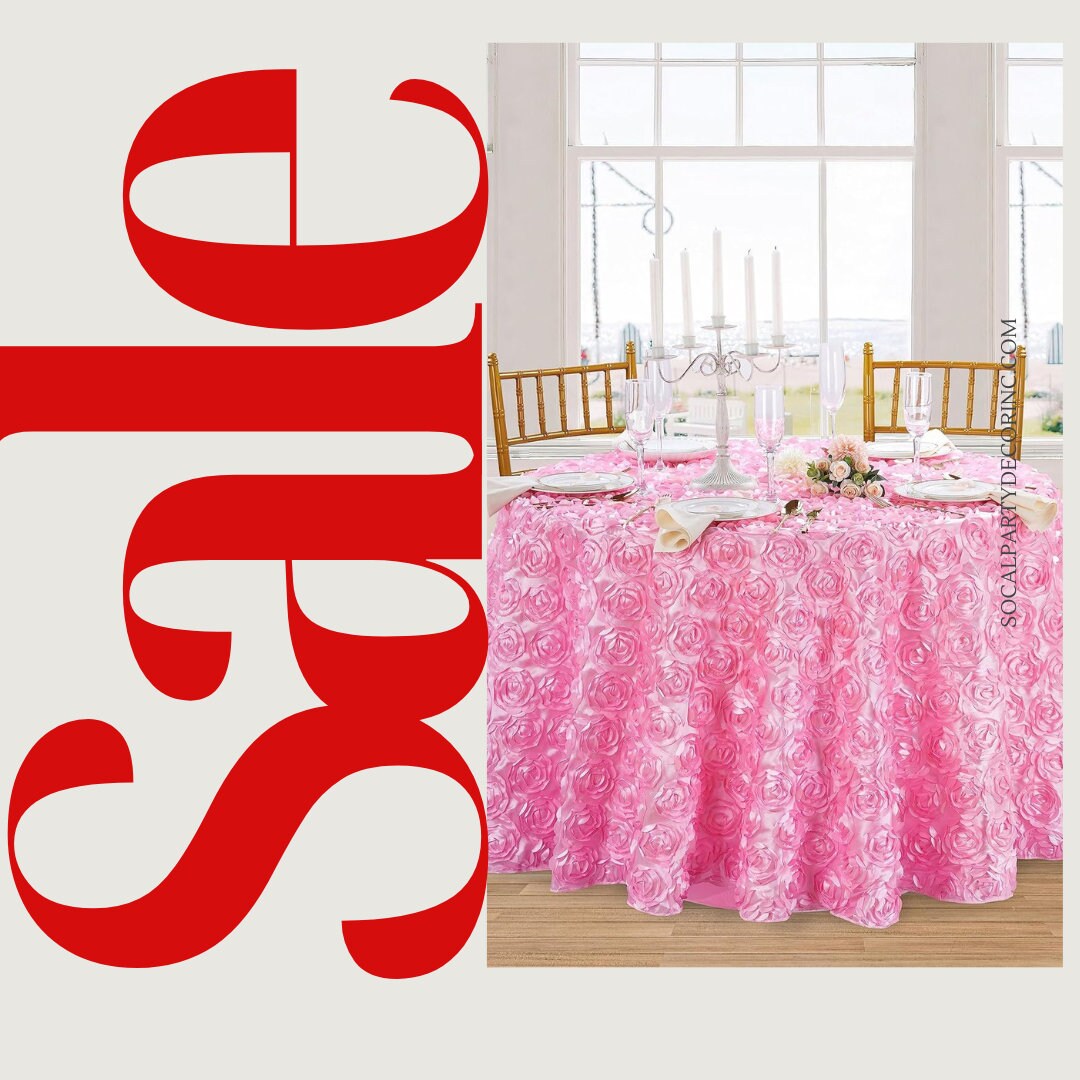 PINK - Round Tablecloth Table Cloth Satin Rosette Tablecloth - 3D Floral Table Cloth for Wedding Baby Shower Birthday Tea Party Dessert