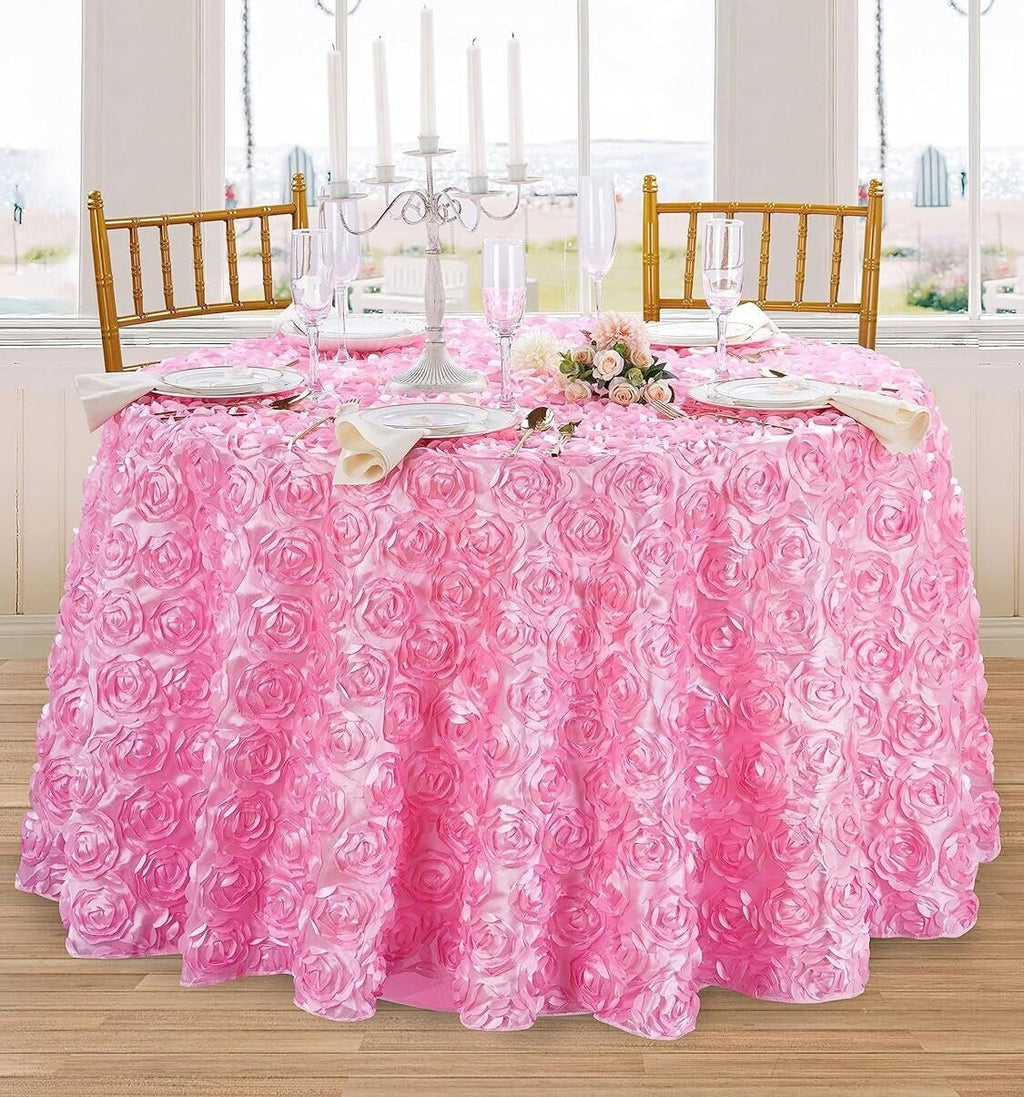 PINK - Round Tablecloth Table Cloth Satin Rosette Tablecloth - 3D Floral Table Cloth for Wedding Baby Shower Birthday Tea Party Dessert