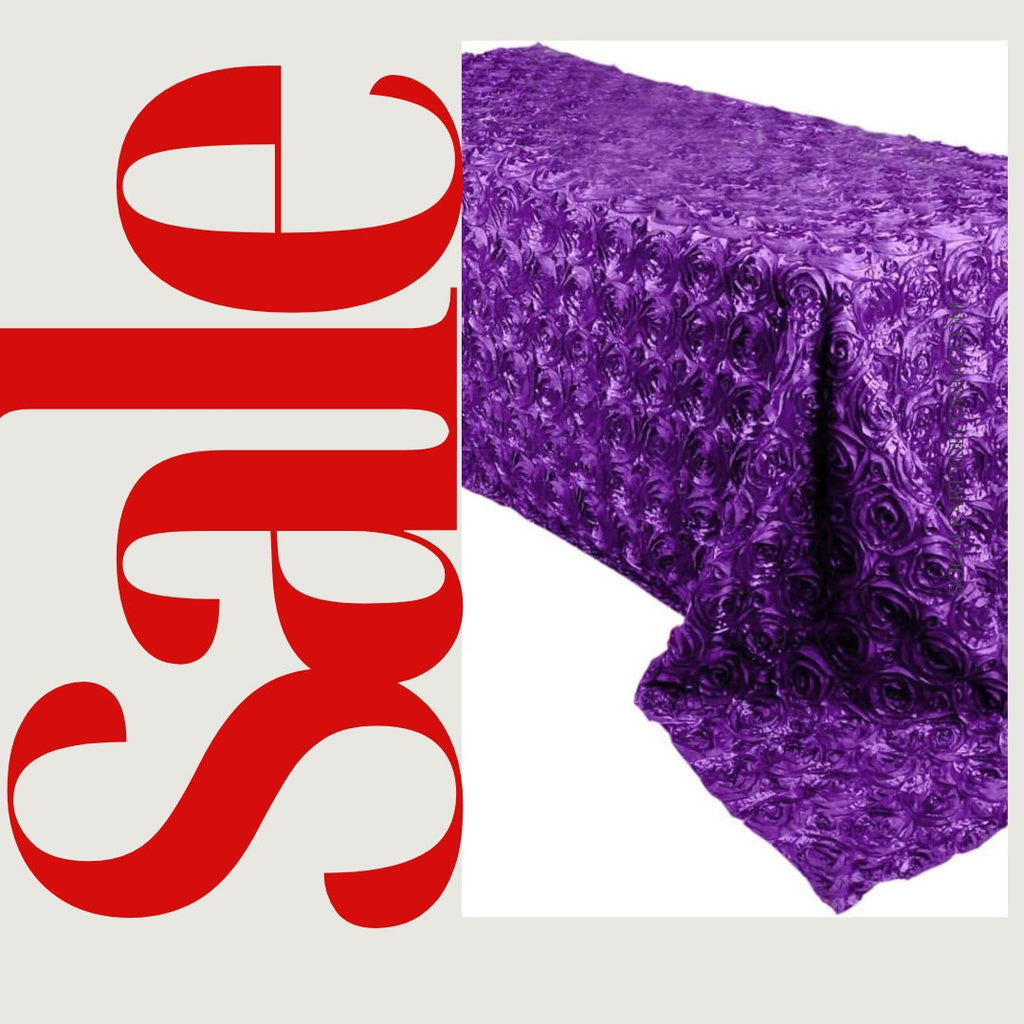 PURPLE - Rectangular Tablecloth Table Cloth Satin Rosette - 3D Floral Table Cloth for Wedding Baby Shower Birthday Tea Party Dessert