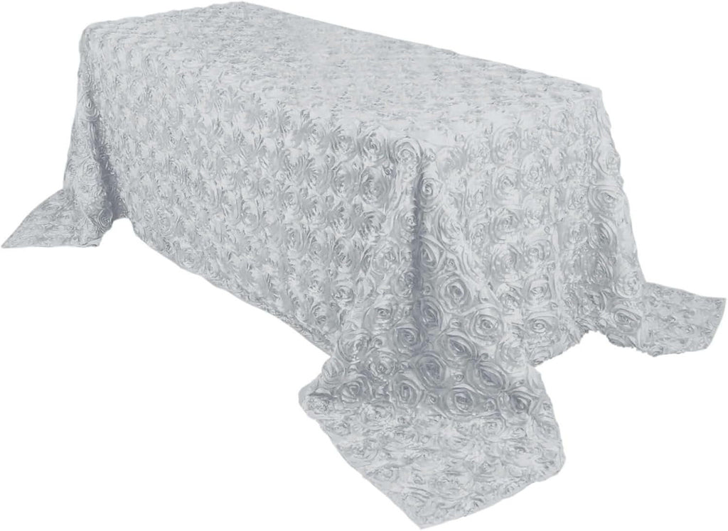 WHITE - Rectangular Tablecloth Table Cloth Satin Rosette - 3D Floral Table Cloth for Wedding Baby Shower Birthday Tea Party Dessert