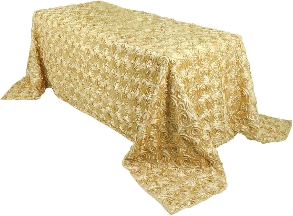 GOLD - Rectangular Tablecloth Table Cloth Satin Rosette - 3D Floral Table Cloth for Wedding Baby Shower Birthday Tea Party Dessert